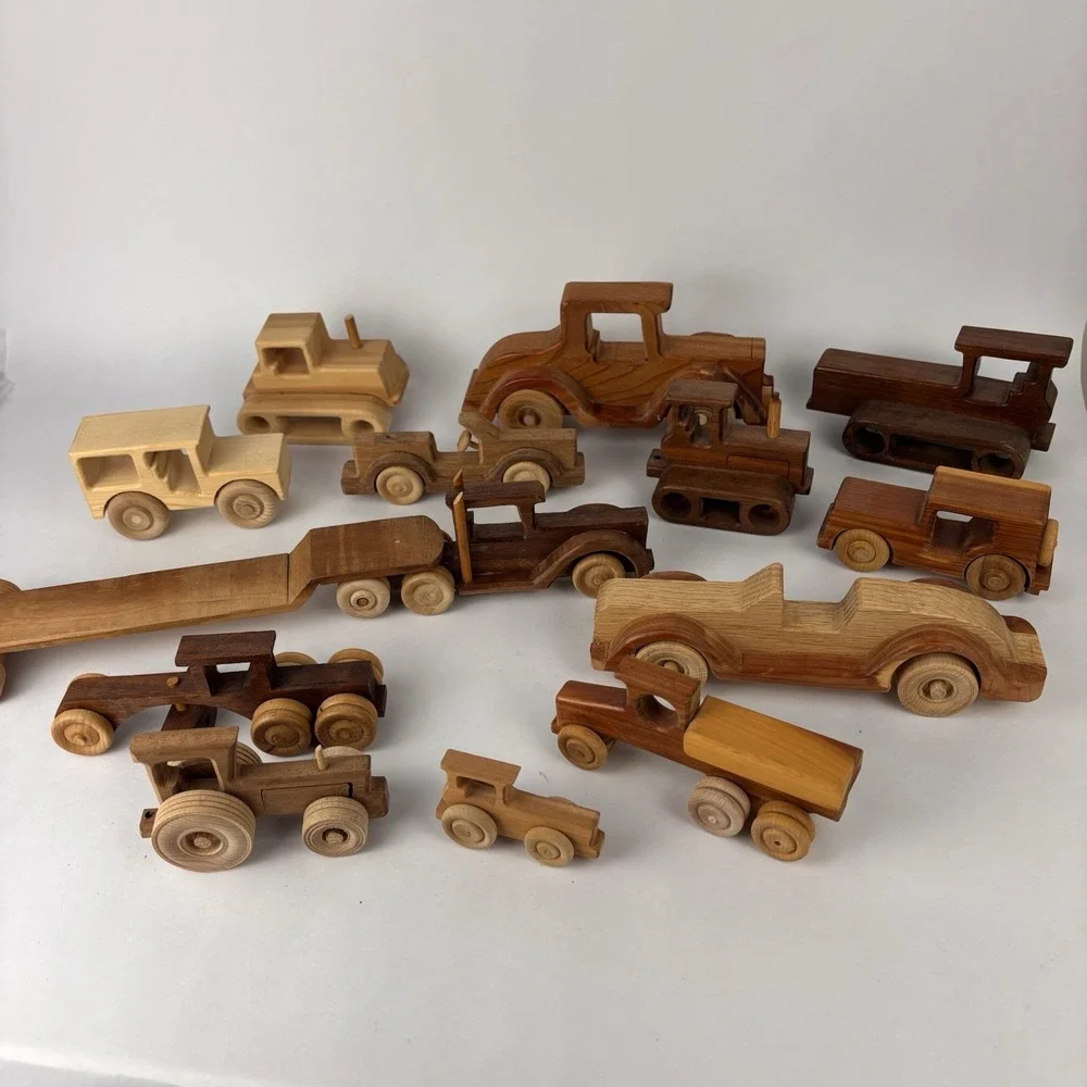 VTG Handmade Wooden Toy Lot (13) Car Truck Bulldozer Grader Tractor Trailer
